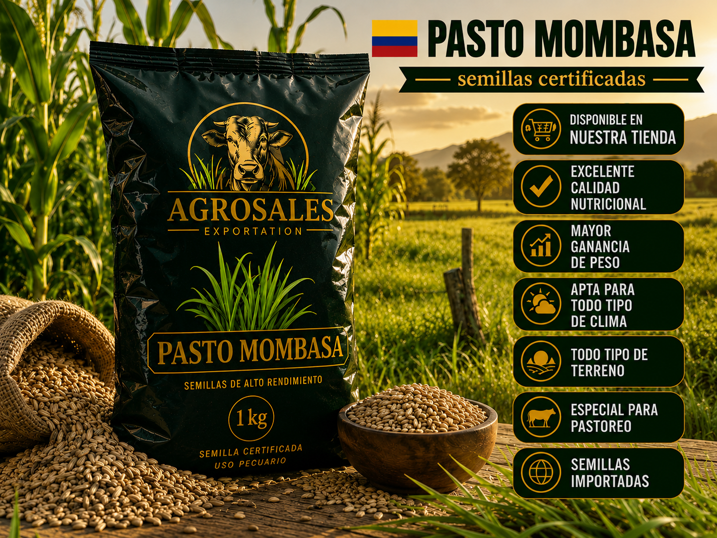 🔥🐄Semillas de Pasto Mombasa Premium Importada 🌱 | Alto Rendimiento de Forraje en Todo Clima 🚜💰 (1 Kg)